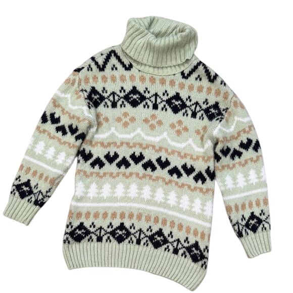 Anthropologie Green Fair Isle Turtleneck Tunic Sweater - Picture 2 of 6